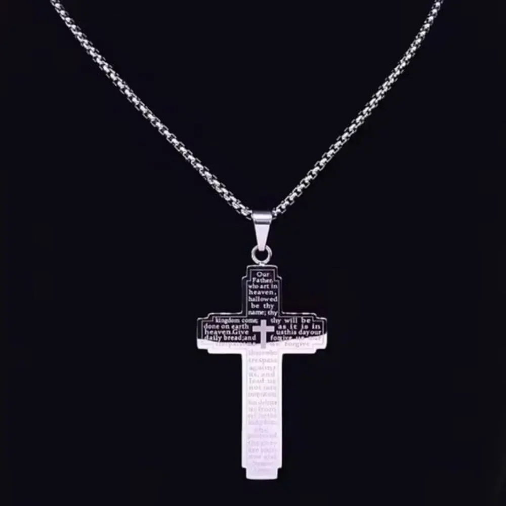 Crucifix Cross Necklace Engraved Lord's Prayer Scripture Christmas Birthday NEW!